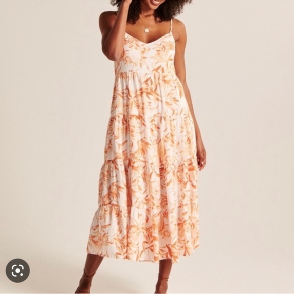 Abercrombie & Fitch Orange Linen Blend Tropical Leaf Print Maxi Dress Small - Picture 1 of 14